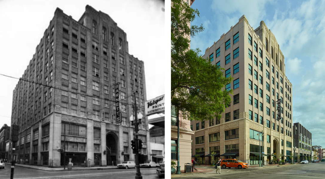 Before and after images of a historic building, showcasing window replacement and restoration for Ace hotel in New Orleans.