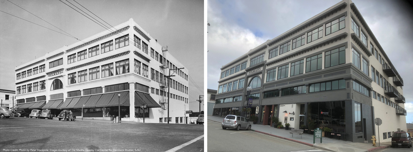Before and after images The Holman Building, a historic structure in Pacific Grove, with extensive windows reflecting its 1920s architectural heritage.