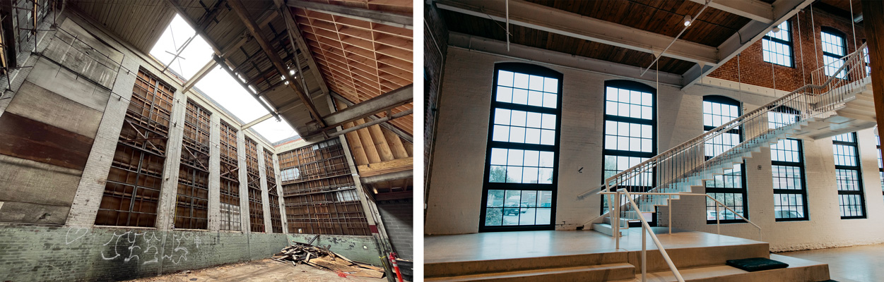 Two images of Kings' Hill, showcasing restored windows and a staircase in the historic Kings Hill building.