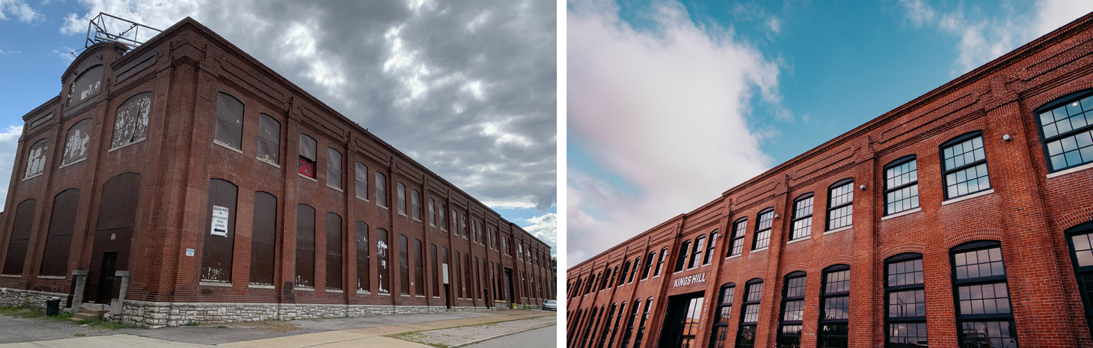 Before and after images of a historic brick building, showcasing window replacement and restoration for Kings Hill building.