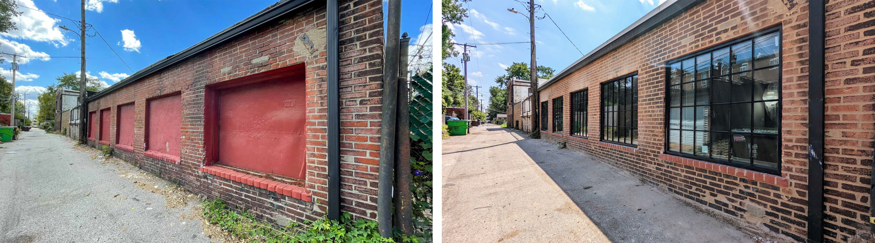 Exterior historic brick building showing before and after window replacement.