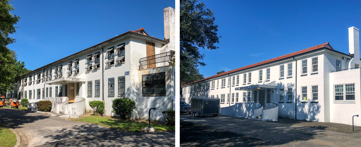 Exterior white brick building featuring before and after photos with historic replica windows.