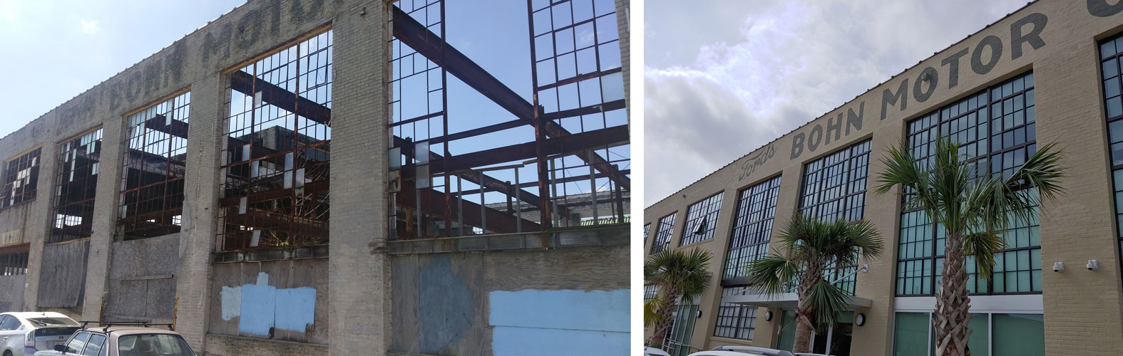Before and after images of the Bohn Motor Company building, showcasing window replacement and restoration for Odyssey House