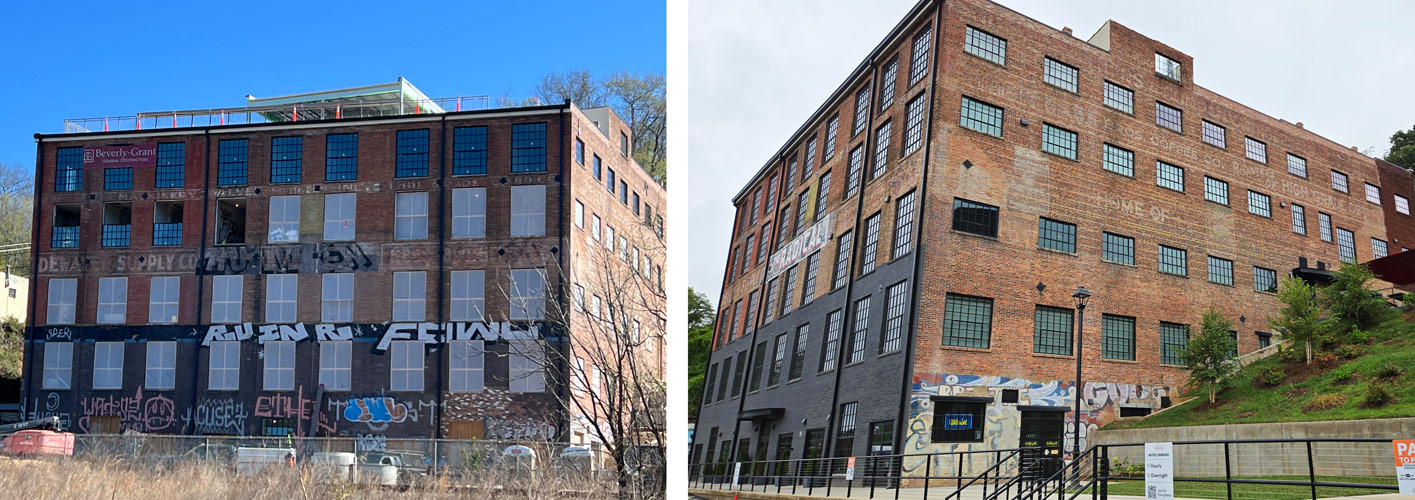 Before and after images of the former five-story warehouse built in 1923, showcasing window replacement and restoration for the new Radical Hotel.