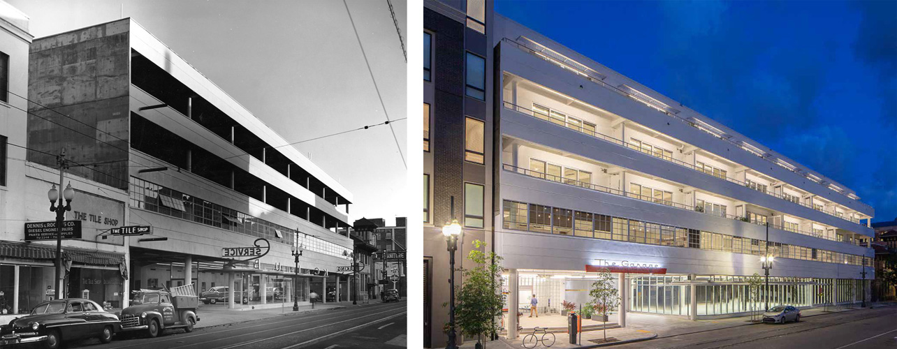 Before and after images of the former Buick and Chevy car dealership in the heart of New Orleans in the 1950s, showcasing the new window replacement and restoration for The Garage.