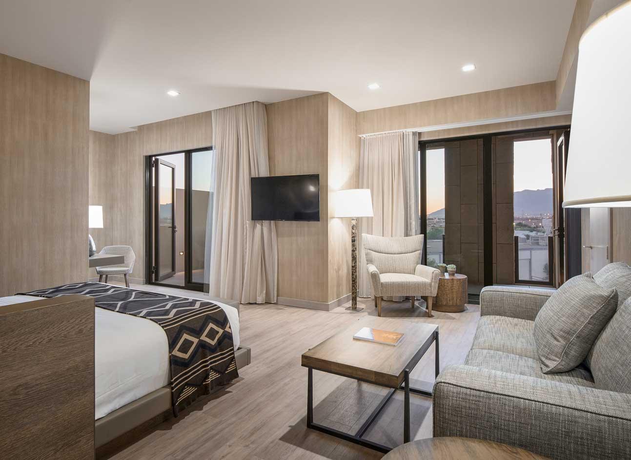 Winco’s Terrace Doors and sidelights are installed on each guest room’s outdoor balcony at Hotel Chaco. By reducing the amount of aluminum required to maintain the structural integrity of the door, Winco’s framing system and UV-resistant finish blends well with the hotel’s emphasis on energy-efficient technology.
