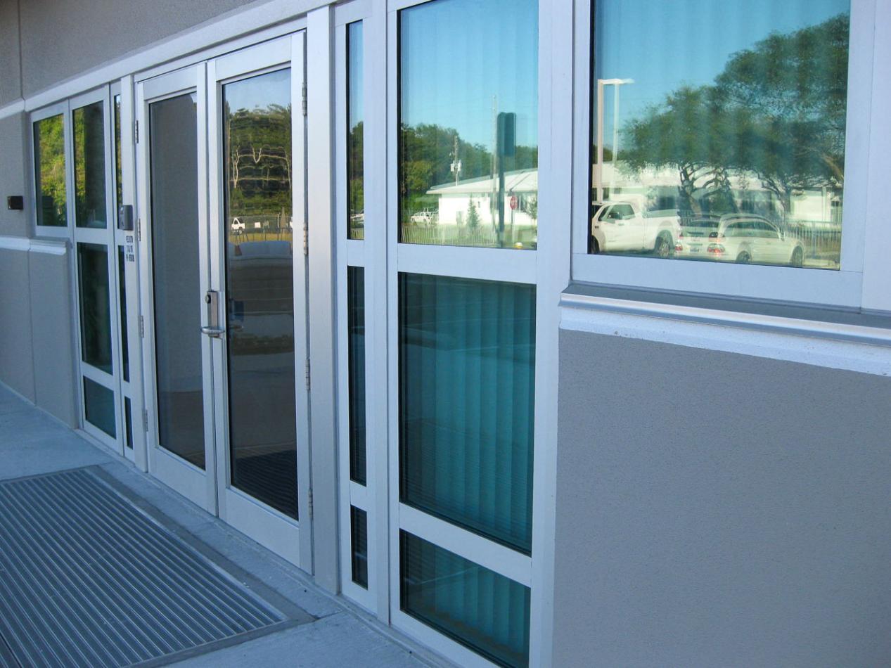 Close-up of a building, featuring a tornado resistant window. 